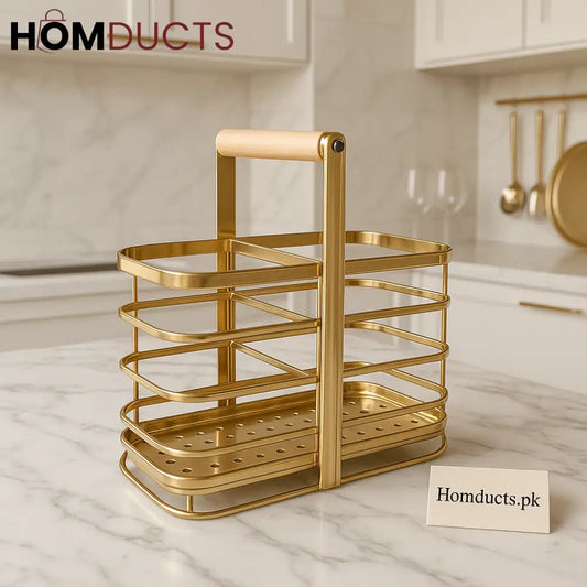 Luxury Golden Cutlery Holder with Wooden Handle – 3 Slot Utensil Organizer
