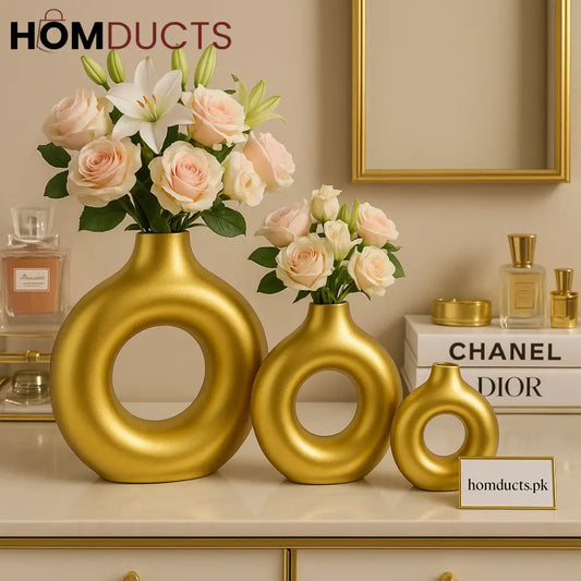 Luxury Golden Donut Flower Vase Set – Modern Fiber Decorative Vases (3 Pieces