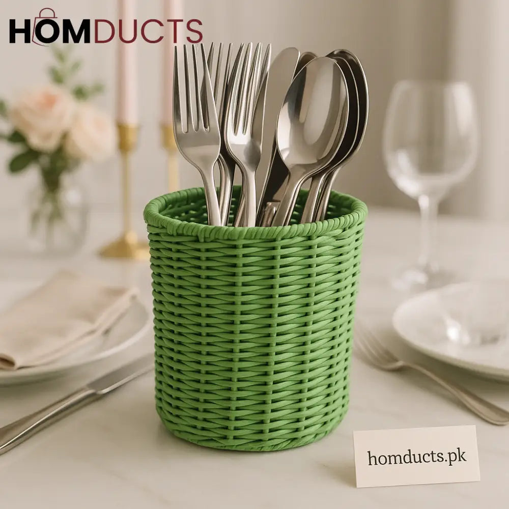 Luxury Green Woven Cutlery Holder – Elegant Table Organizer