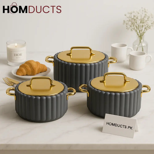 Luxury Grey & Gold Ribbed Ceramic Casserole Set of 3 – (1.5L 2.5L 3.5L)