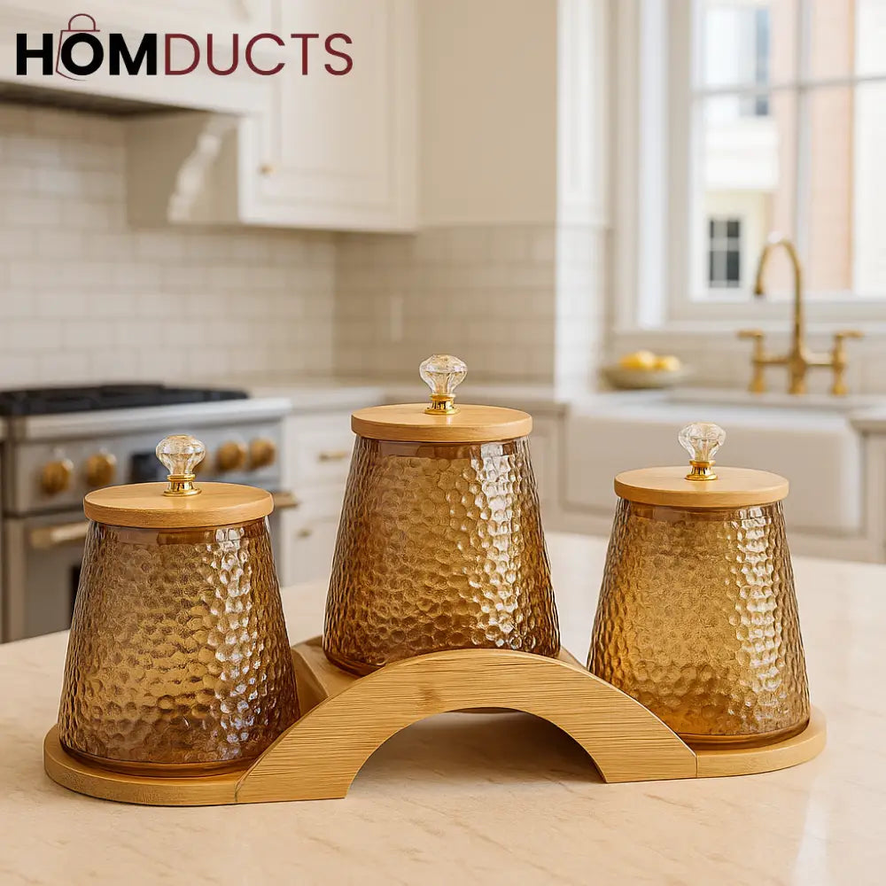 Luxury Hammered Glass Jar Set with Wooden Lids & Tray – 3pcs Storage Canisters