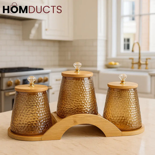 Luxury Hammered Glass Jar Set with Wooden Lids & Tray – 3pcs Storage Canisters