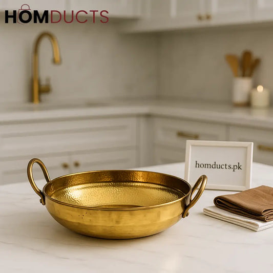 Luxury Handcrafted Brass Shallow Pot with Dual Handles – Golden Finish