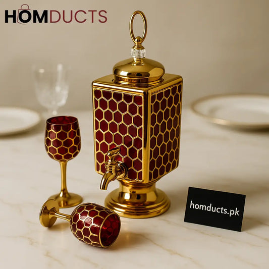 Luxury Honeycomb Red & Gold Beverage Dispenser Set – Premium Drink Server with 6 Matching Glasses