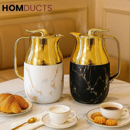 Luxury Marble Thermos Jug Set – Gold Insulated Coffee & Tea Carafes (White & Black 1L)