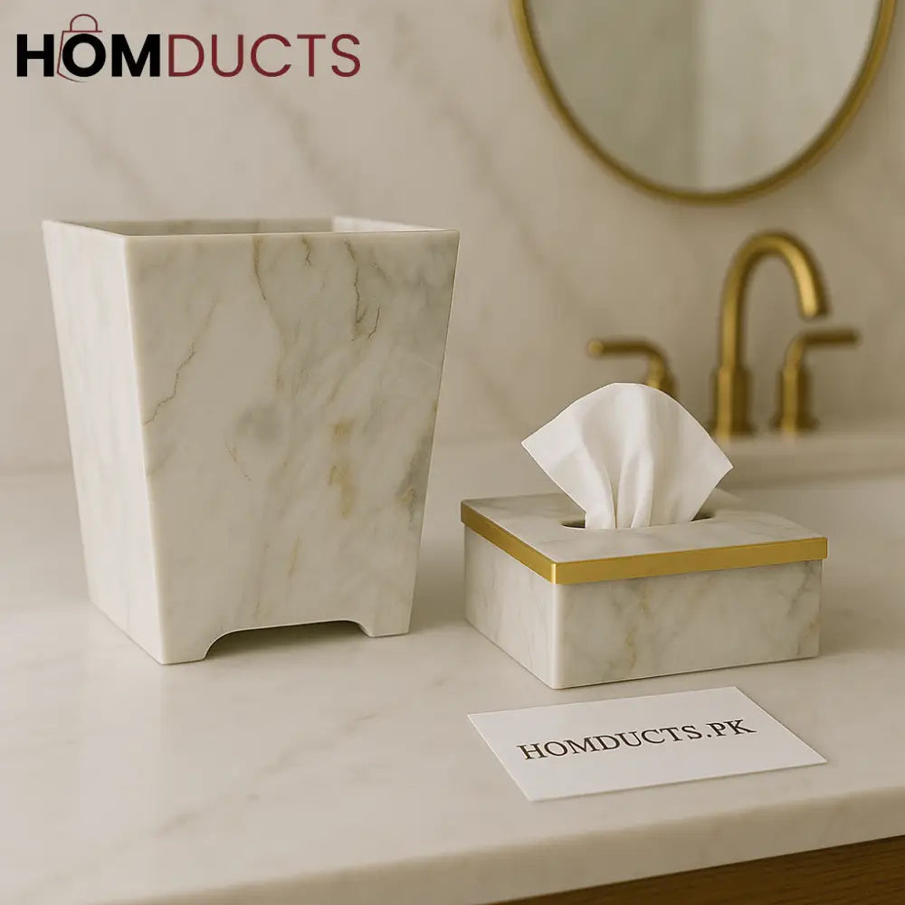 Luxury Marble Tissue Box & Dustbin Set – Gold Accent Premium Bathroom Collection