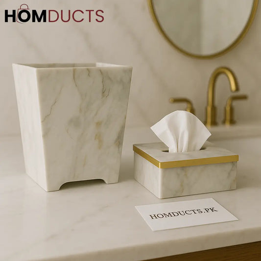 Luxury Marble Tissue Box & Dustbin Set – Gold Accent Premium Bathroom Collection
