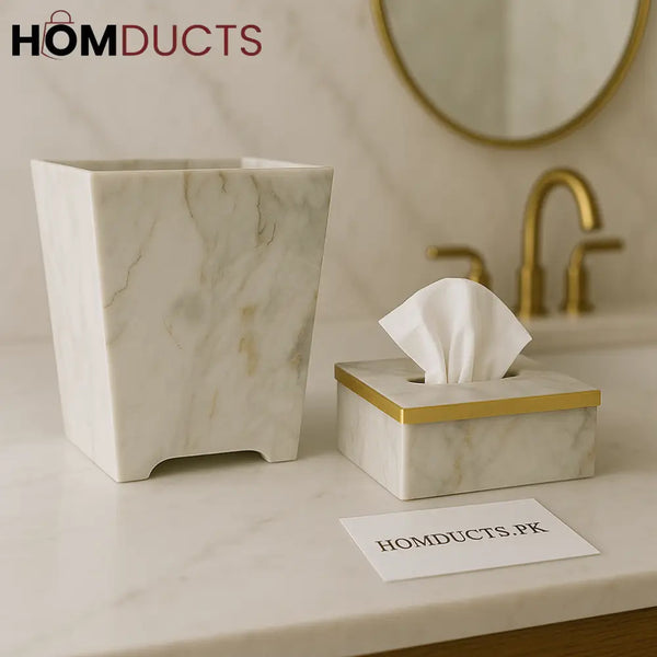Luxury Marble Tissue Box & Dustbin Set – Gold Accent Premium Bathroom Collection