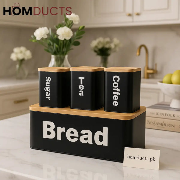 Luxury Matte Black Bread & Canister Set – Tea Coffee Sugar Storage with Bamboo Lids