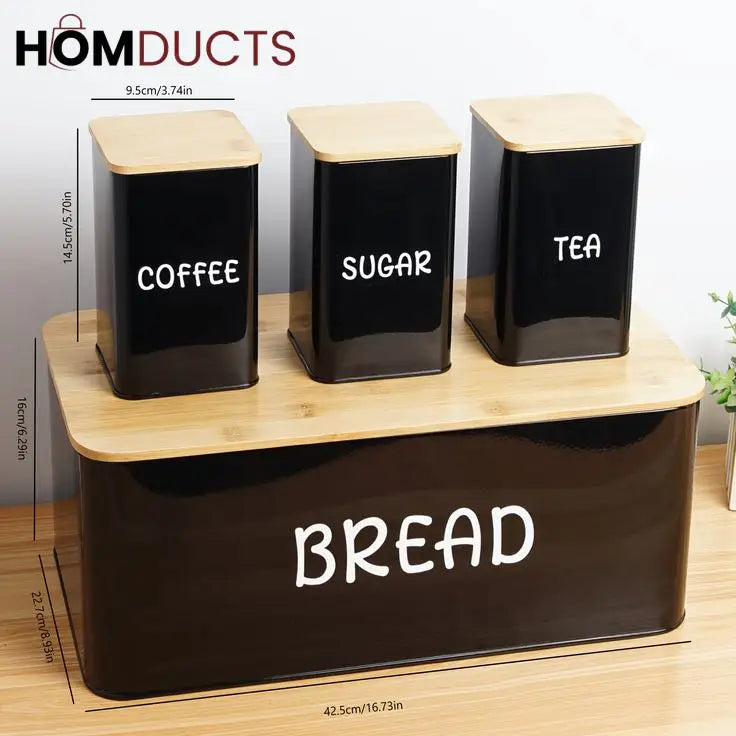 Luxury Matte Black Bread & Canister Set – Tea Coffee Sugar Storage with Bamboo Lids