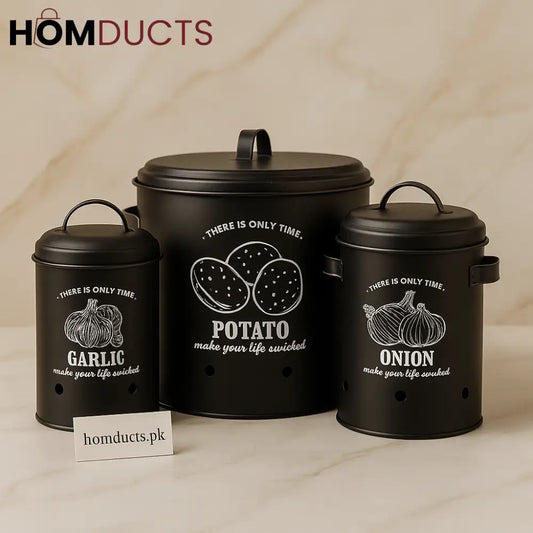 Luxury Matte Black Garlic Potato & Onion Storage Canister Set – Ventilated Kitchen Containers