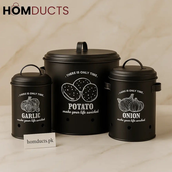 Luxury Matte Black Garlic Potato & Onion Storage Canister Set – Ventilated Kitchen Containers