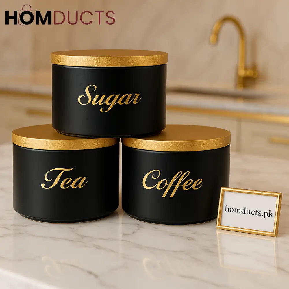 Luxury Matte Black Tea Coffee & Sugar Storage Jar Set – Golden Lid & Engraved Labels