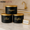 Luxury Matte Black Tea Coffee & Sugar Storage Jar Set – Golden Lid & Engraved Labels