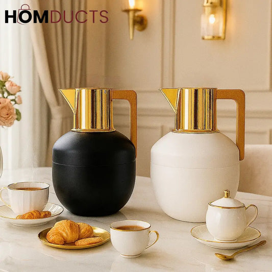 Luxury Matte Thermos Jug Set – Black & White Insulated Carafes with Gold Handle & Lid (1L)