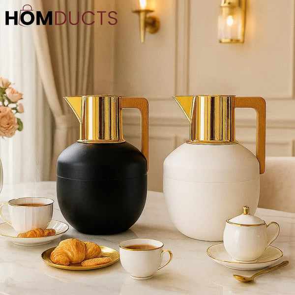 Luxury Matte Thermos Jug Set – Black & White Insulated Carafes with Gold Handle & Lid (1L)