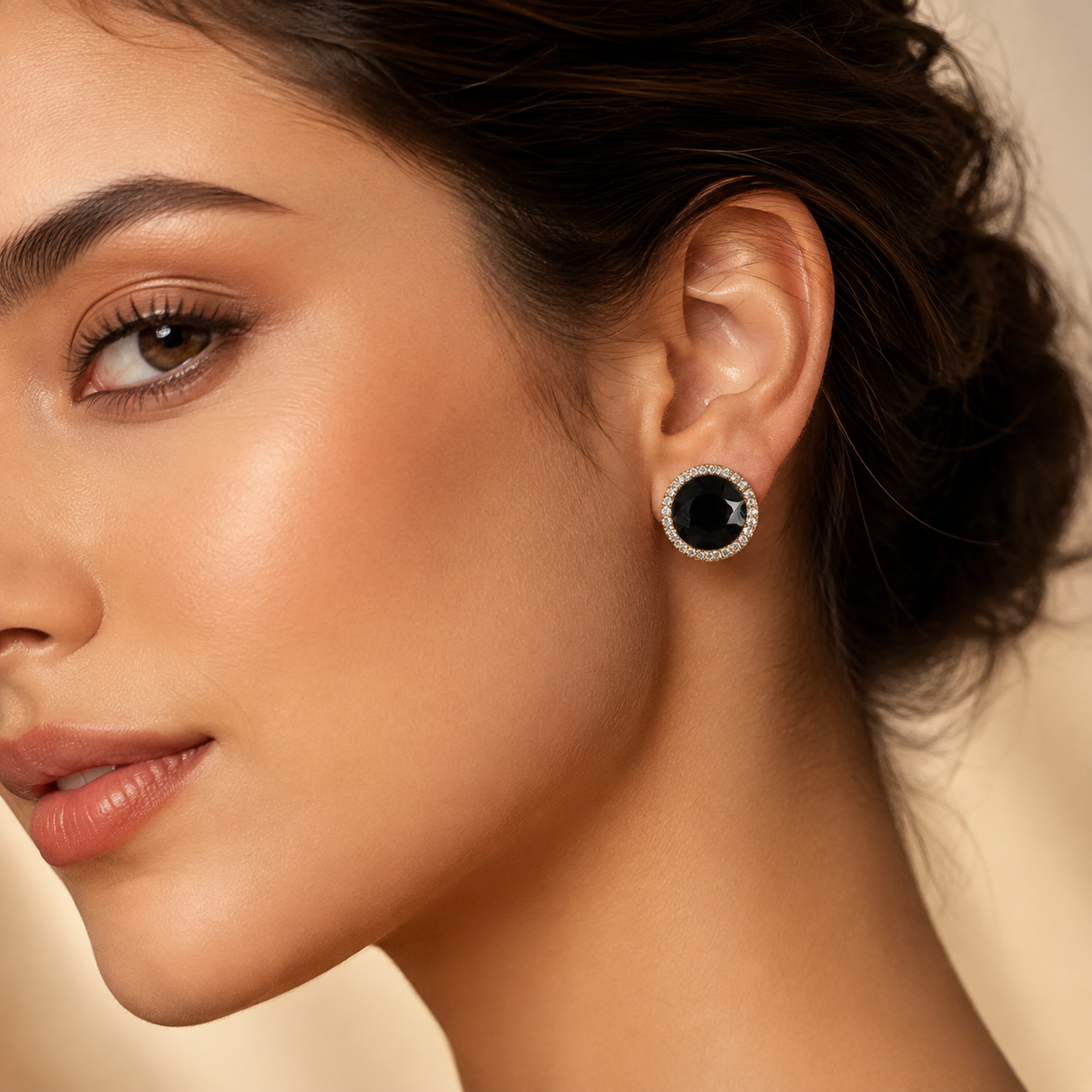 Luxury Midnight Black Round Crystal Halo Stud Earrings worn by a female model