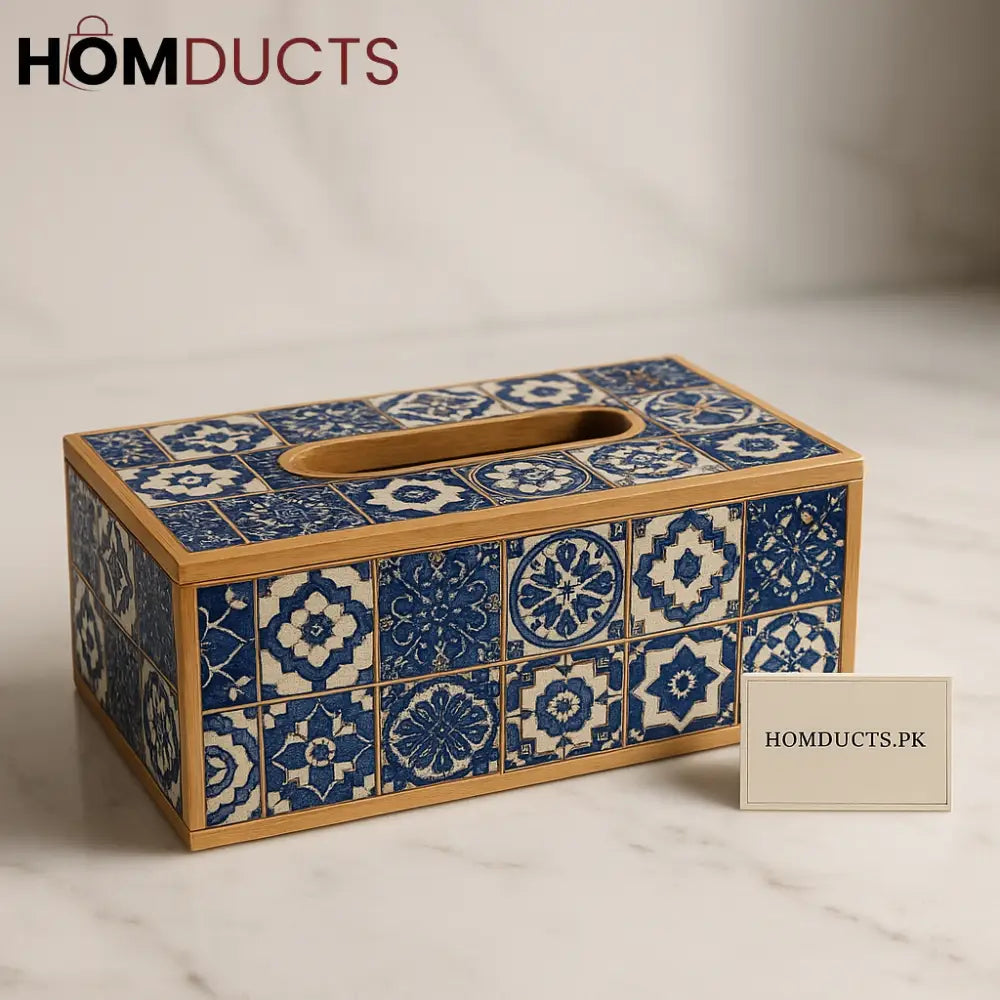 Luxury Moroccan Blue Mosaic Tissue Box – Wooden Holder with Elegant Tile Design