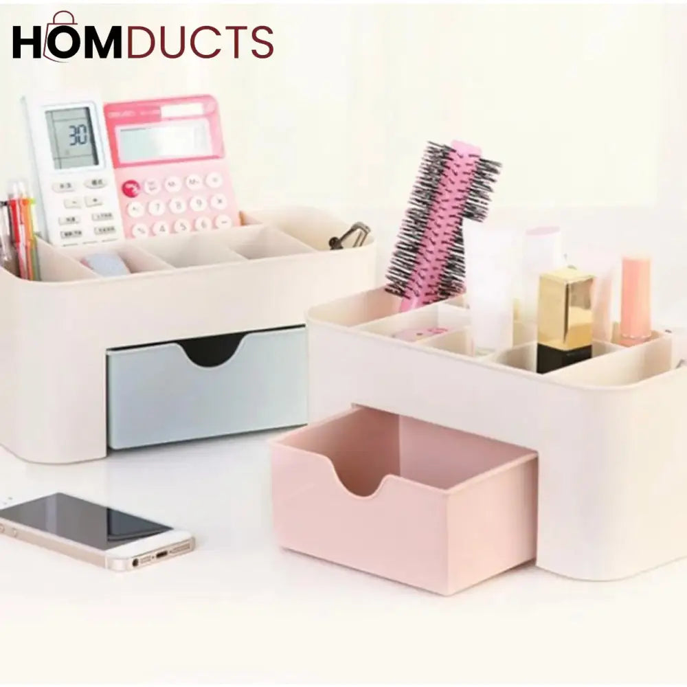 Luxury Multi-Compartment Desk Organizer with Drawer – Pink & Ivory