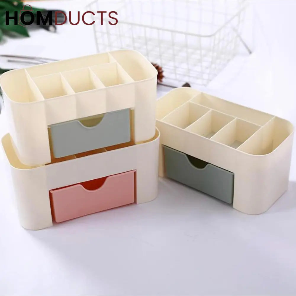 Luxury Multi-Compartment Desk Organizer with Drawer – Pink & Ivory