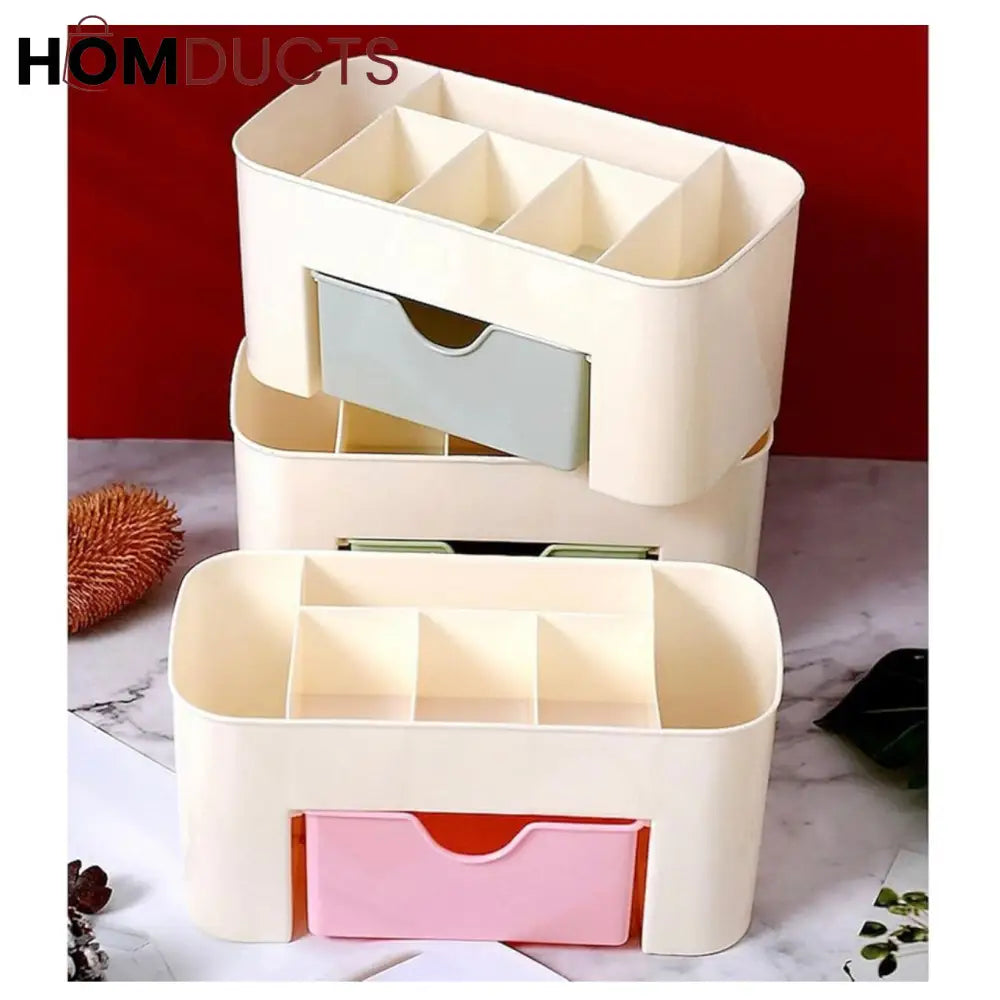 Luxury Multi-Compartment Desk Organizer with Drawer – Pink & Ivory