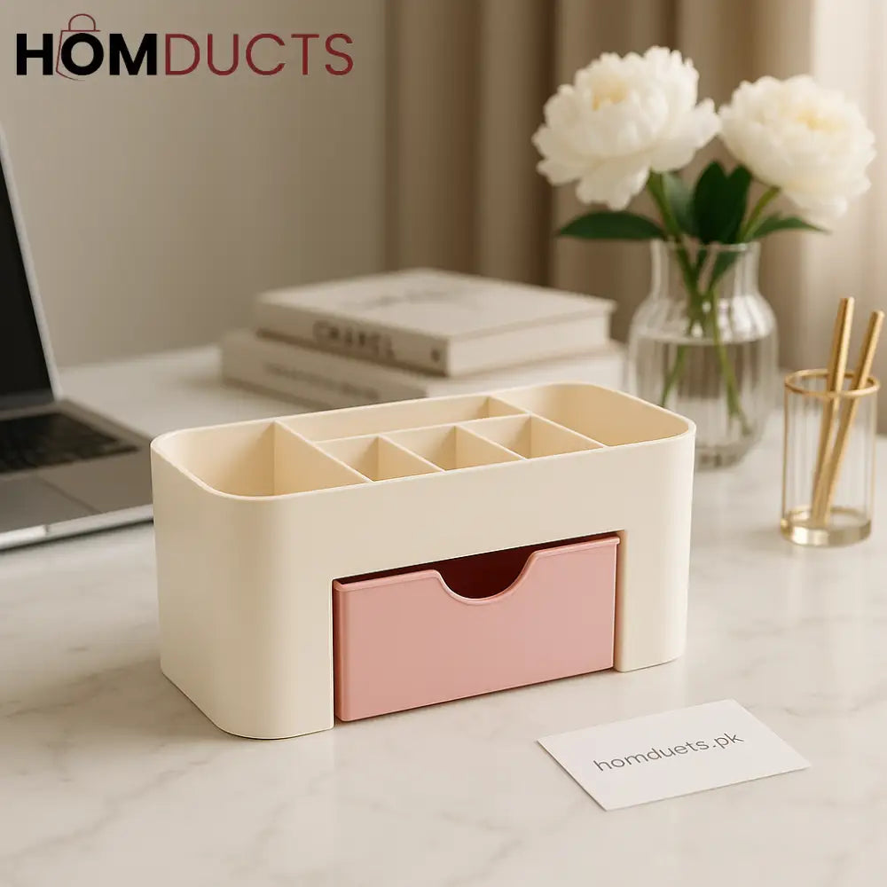 Luxury Multi-Compartment Desk Organizer with Drawer – Pink & Ivory