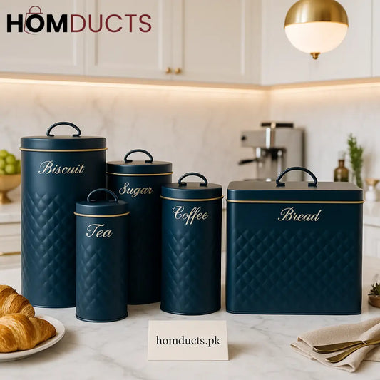 Luxury Navy Blue Kitchen Canister Set – Biscuit Bread Sugar Coffee & Tea Storage Jar