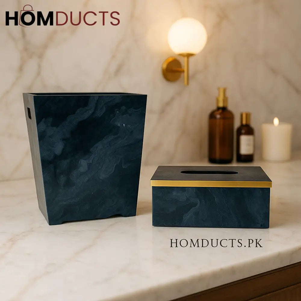 Luxury Navy Marble Tissue Box & Bin Set with Gold Accent