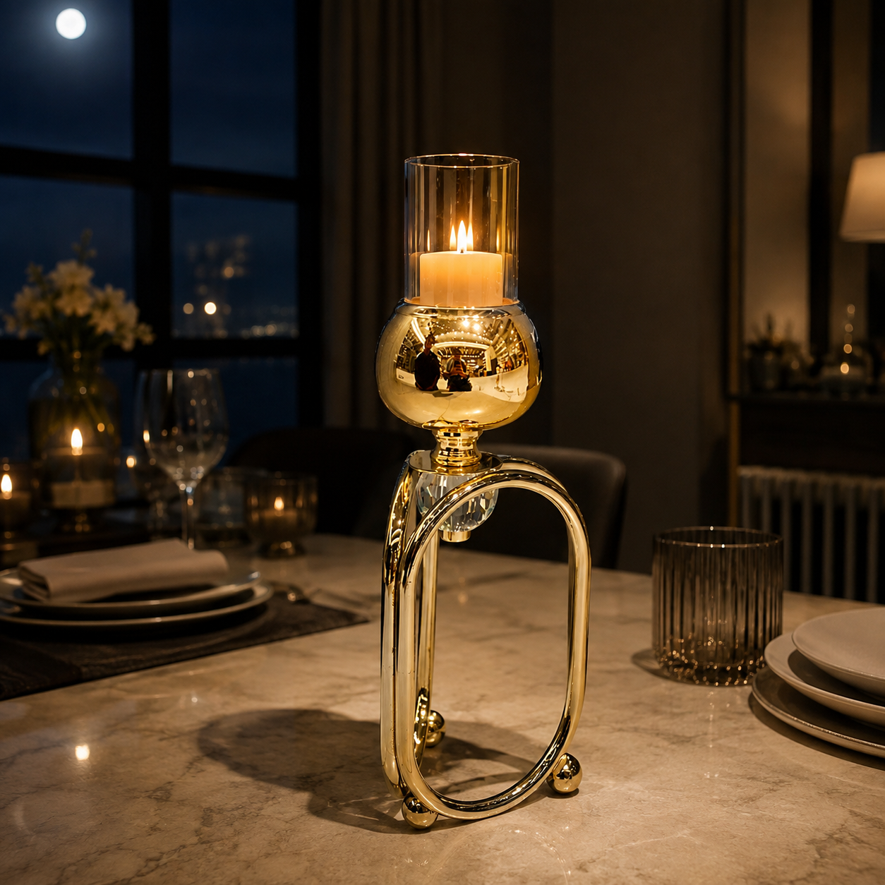 Luxury oval candle holder in an elegant moonlit dining setting