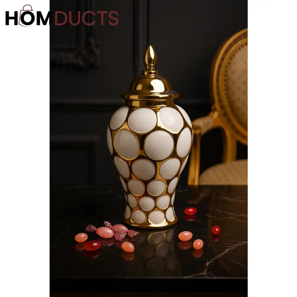 Luxury Polka Dot Candy Jar with Golden Accents – Elegant Decorative Storage