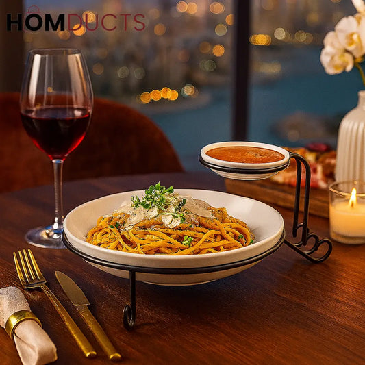 Luxury Porcelain Pasta Plate with Iron Stand & Dip Bowl