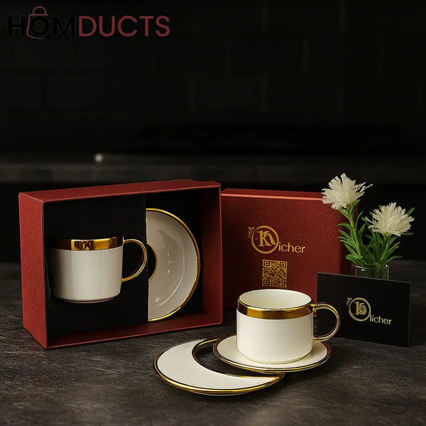 Luxury Porcelain Tea Cup & Saucer Gift Set – Gold Rimmed Elegant Drinkware