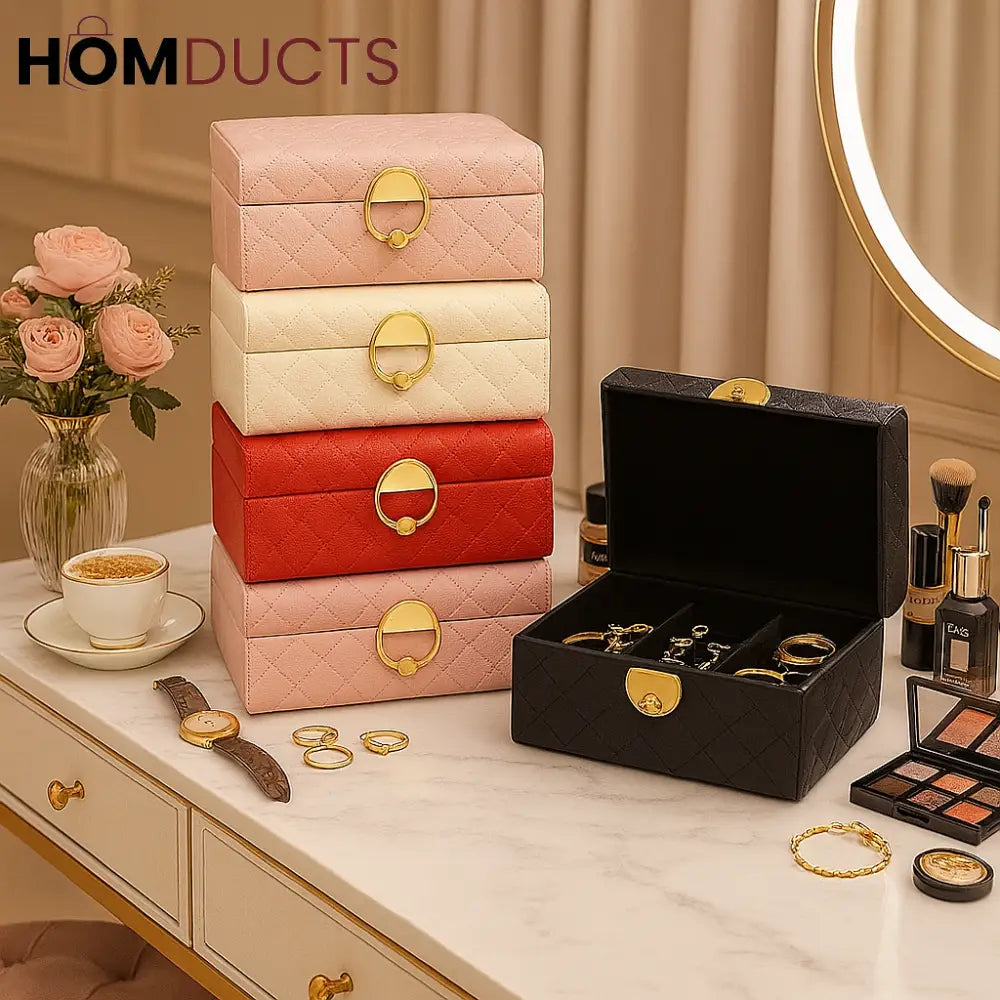 Luxury Quilted Jewelry & Cosmetic Organizer Box – 1pc with Golden Clasp