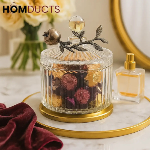 Luxury Ribbed Glass Candy Jar with Handle – Decorative Storage Container for Chocolates Jewelry & More