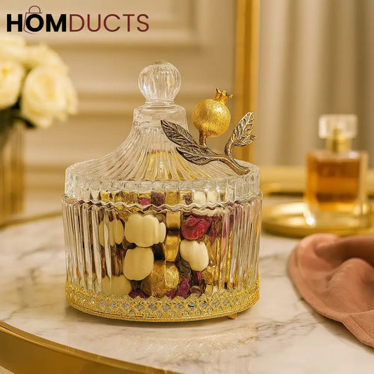 Luxury Ribbed Glass Jar with Gold Pomegranate Lid – Decorative Candy & Jewelry Storage Box
