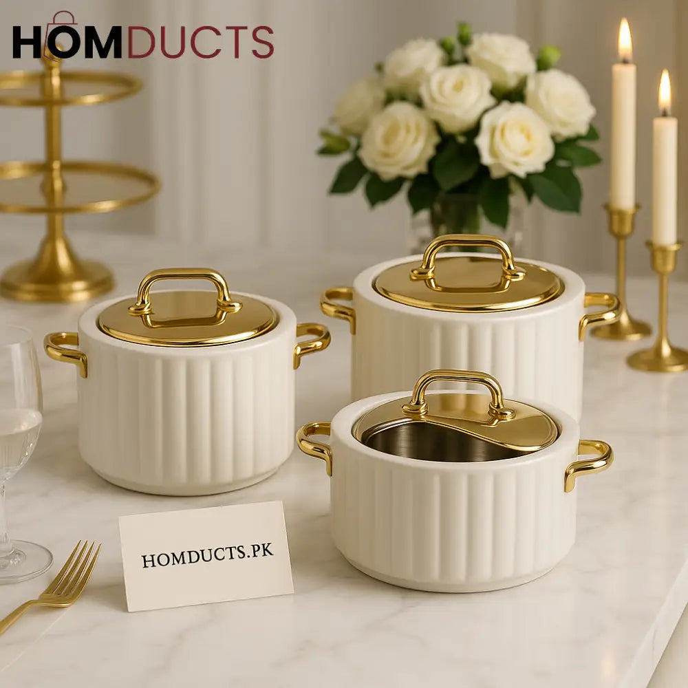 Luxury Ribbed Hotpot Casserole Set of 3 – Golden Lid Insulated Food Warmers (1.5L 2.5L 3.5L)