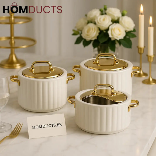 Luxury Ribbed Hotpot Casserole Set of 3 – Golden Lid Insulated Food Warmers (1.5L 2.5L 3.5L)
