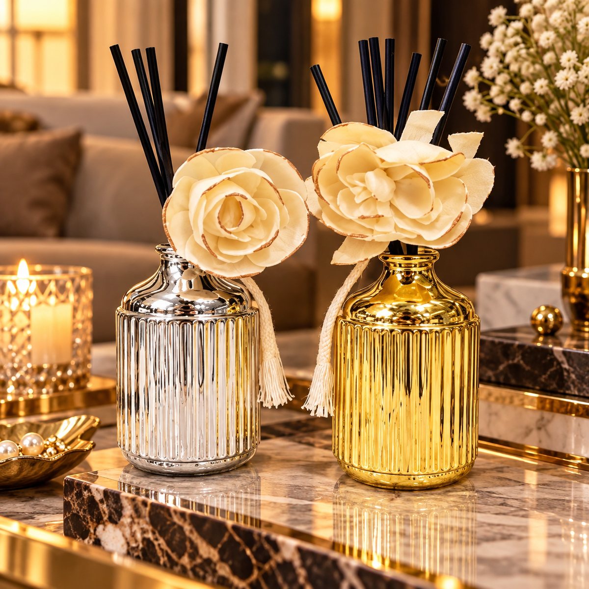 Luxury Ribbed Rose Reed Diffuser Set – Gold & Silver