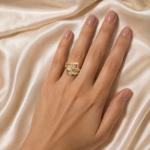 Luxury rose pink double crystal adjustable ring on female model hand