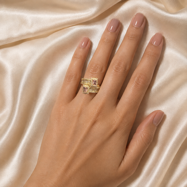 Luxury rose pink double crystal adjustable ring on female model hand