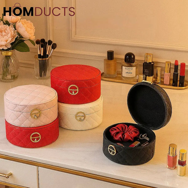 Luxury Round Quilted Jewelry & Cosmetic Storage Box with Gold Emblem