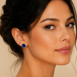 Luxury Royal Blue Round Crystal Halo Stud Earrings worn by a female model