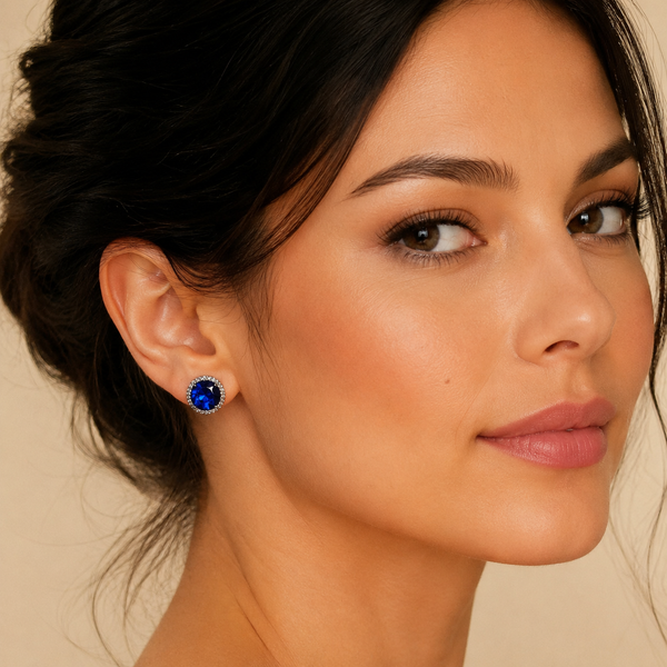 Luxury Royal Blue Round Crystal Halo Stud Earrings worn by a female model