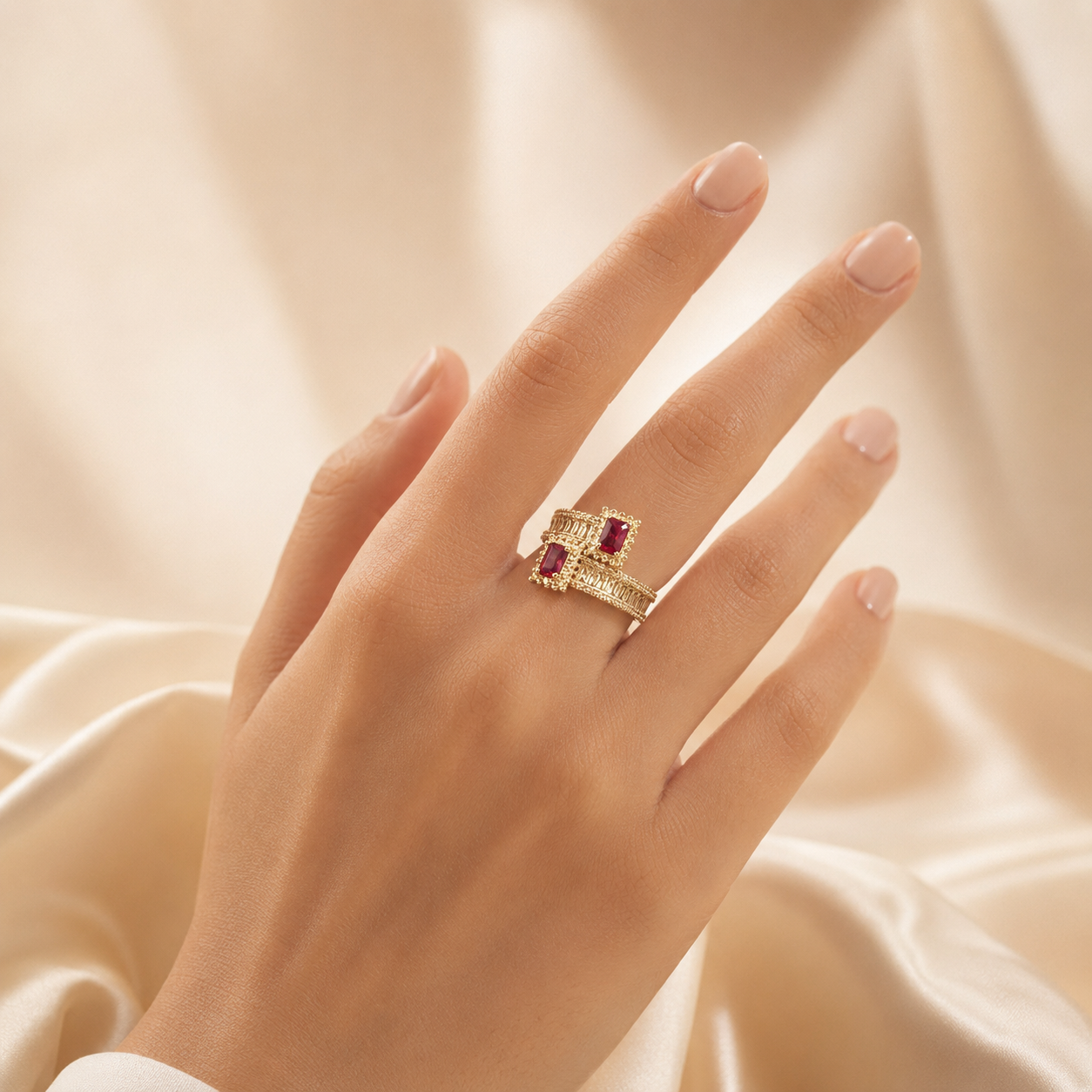 Luxury ruby red double crystal adjustable ring on female model hand
