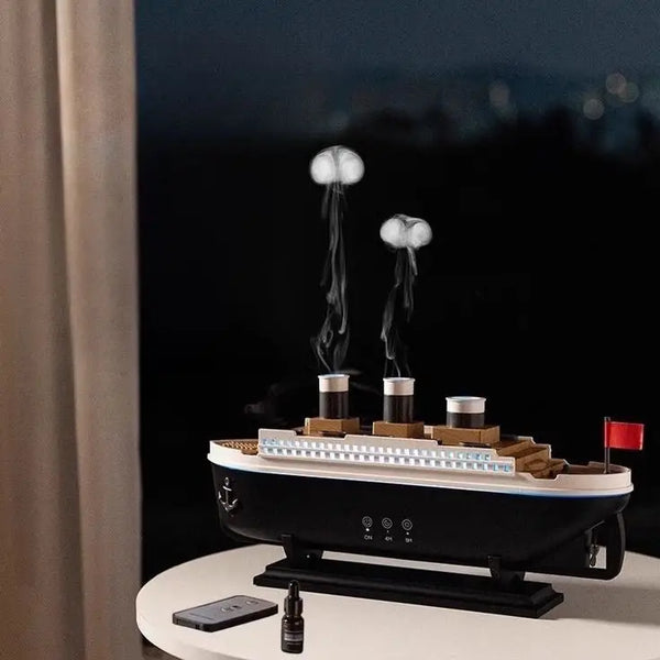 Luxury Ship-Shaped Humidifier with LED Lights & Dual Mist Outlets