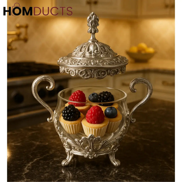 Luxury Silver Glass Dessert & Sugar Jar with Lid – Ornate Serving Bowl