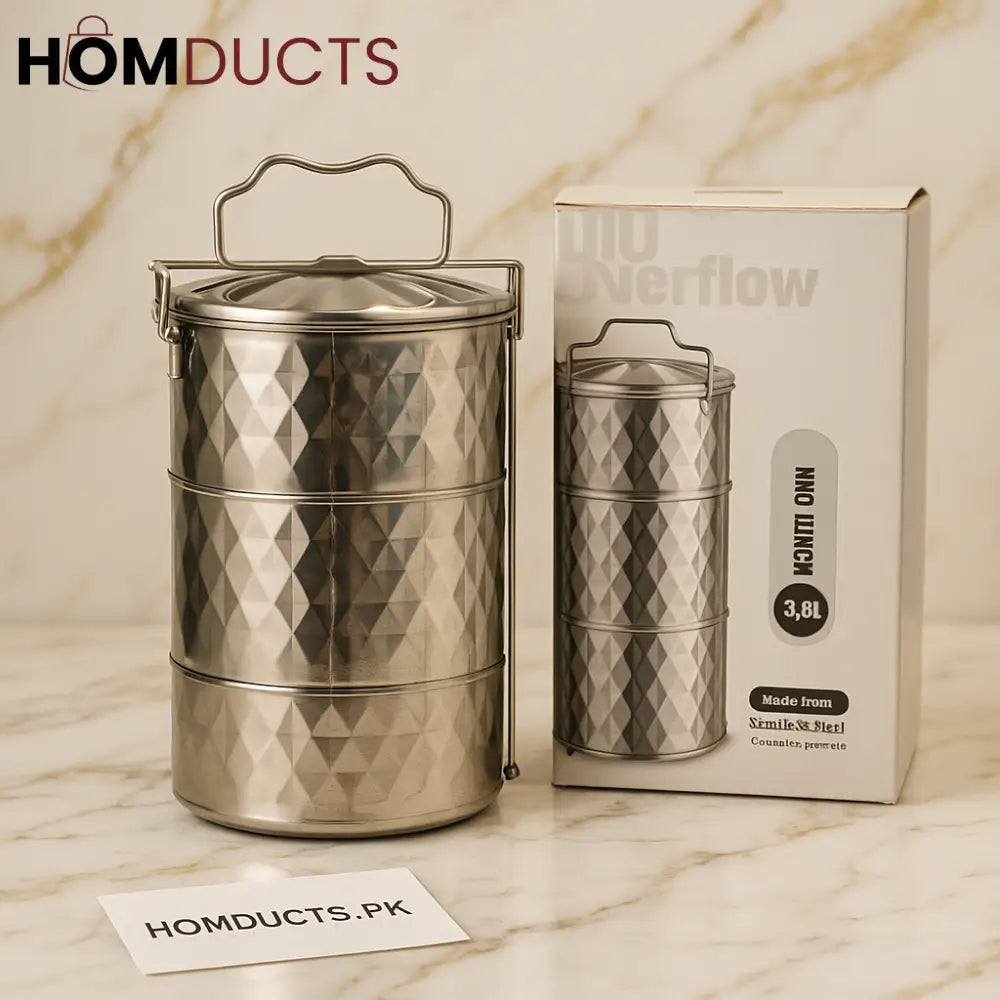 Luxury Stainless Steel 3 Tier Lunch Box – Durable Diamond Pattern Food Carrier