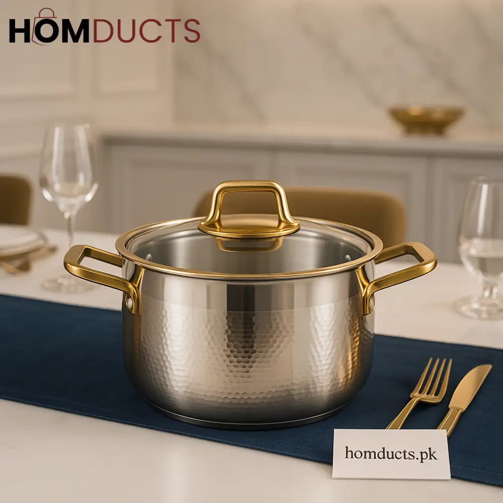 Luxury Stainless Steel Cooking Pot with Golden Handles – Premium Cookware