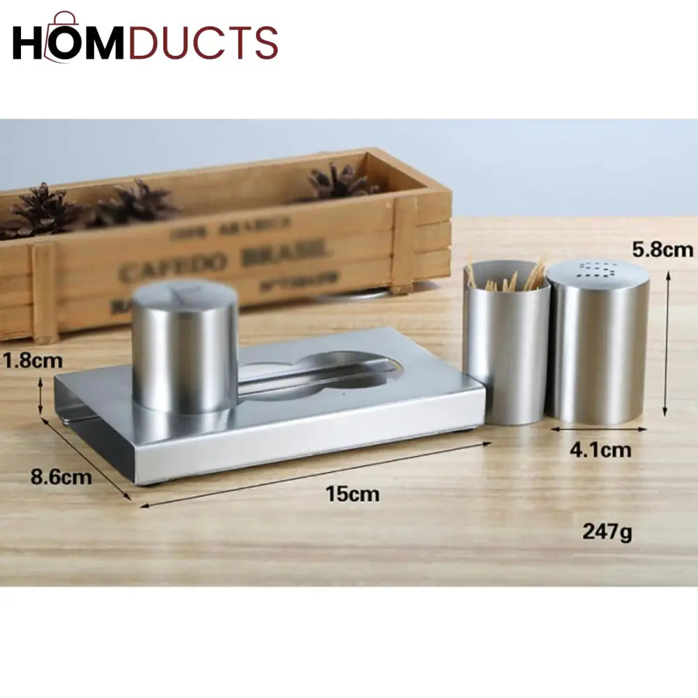 Luxury Stainless Steel Salt & Pepper Shaker Set with Toothpick Holder
