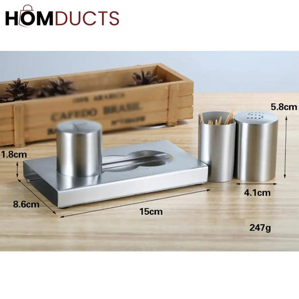 Luxury Stainless Steel Salt & Pepper Shaker Set with Toothpick Holder